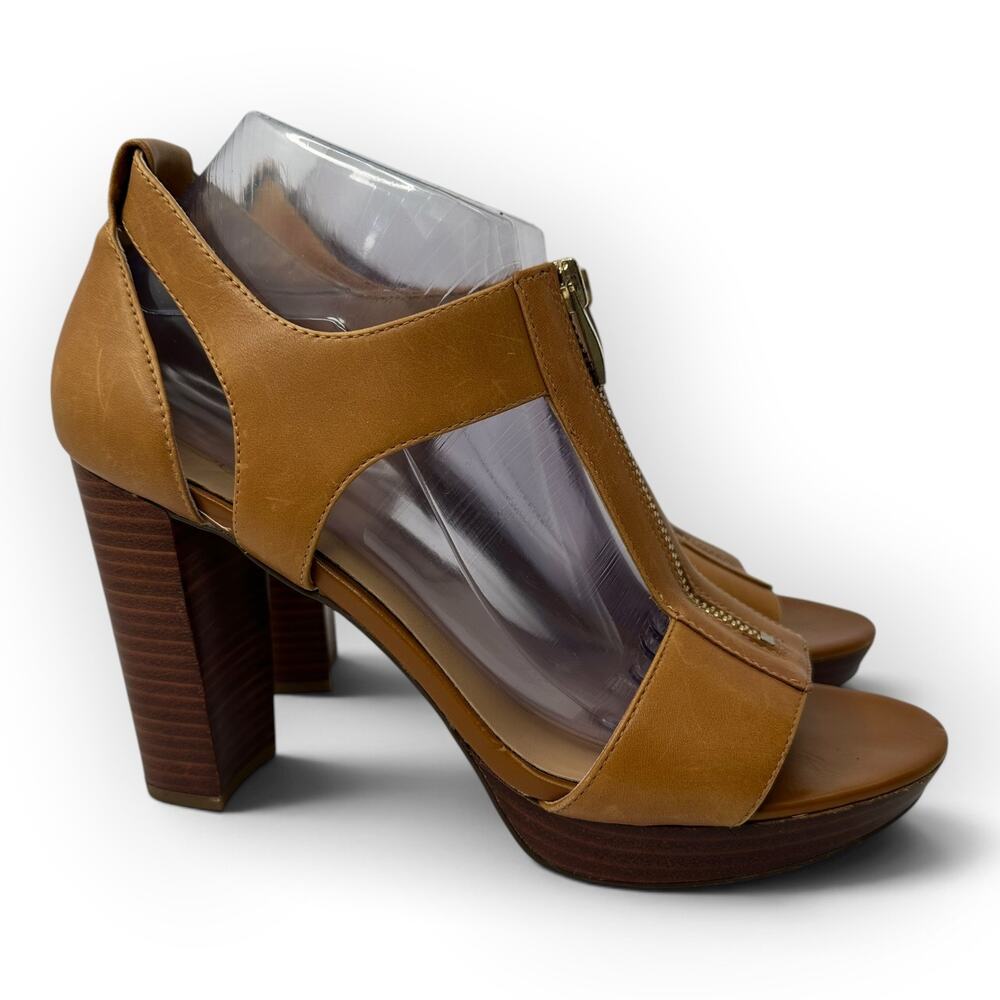 Franco Sarto Myriad Cognac Leather T-Strap Platform Sandals Gold Zip 9 M
